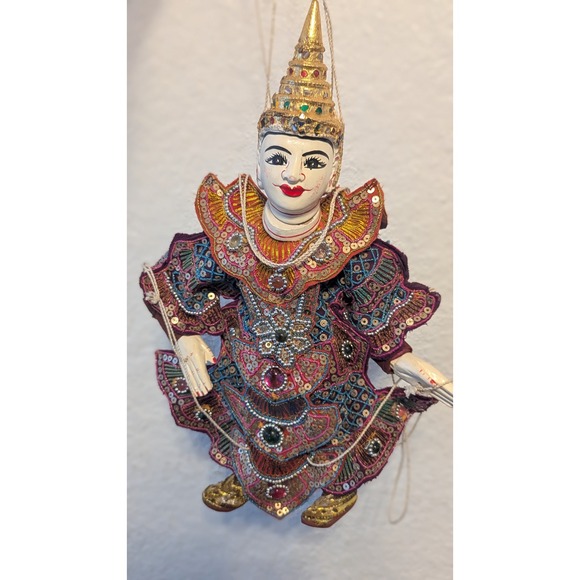 Burmese Marionette Puppet Traditional Yoke The Hand Painted Wood Sequins 14 Inch